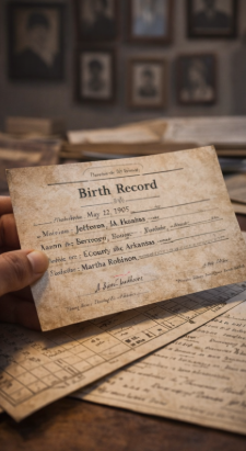 Close-up of a vintage birth record document held in a person's hand in a dimly lit room with framed photographs on the wall in the background.