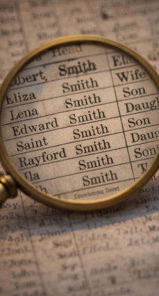 A close-up of a family tree chart viewed through a magnifying glass, showing names like Smith and Rayford, with relationships such as wife, son, daughter, and grandson.