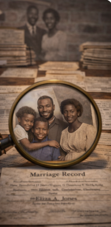 A family photo of a man, woman, and three children inside a magnifying glass placed on a marriage record document. In the background, there are stacks of old papers or documents against a brick wall.