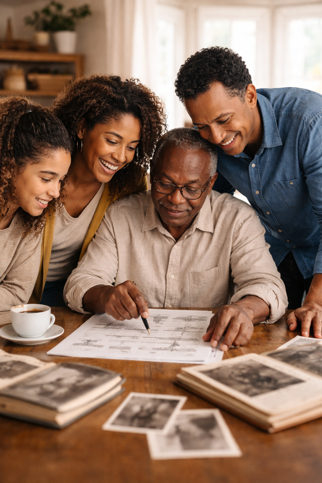 A multigenerational family gathered around a table looking at old photographs and documents, with a cup of coffee nearby.