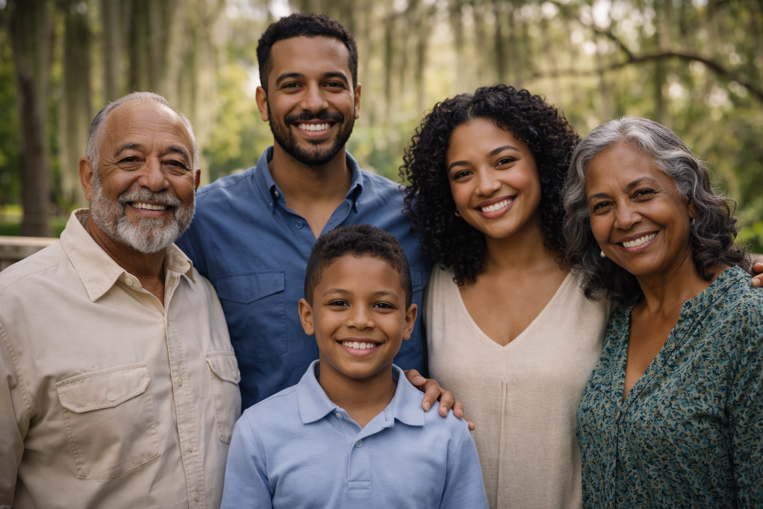 A multi-generational family of six smiling and standing outdoors in a park.