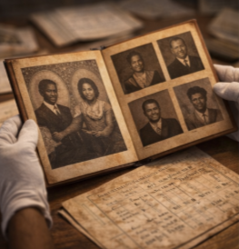 Vintage photograph album showing a woman and man in a portrait, and four individual portrait photographs of men, held by someone wearing white gloves.