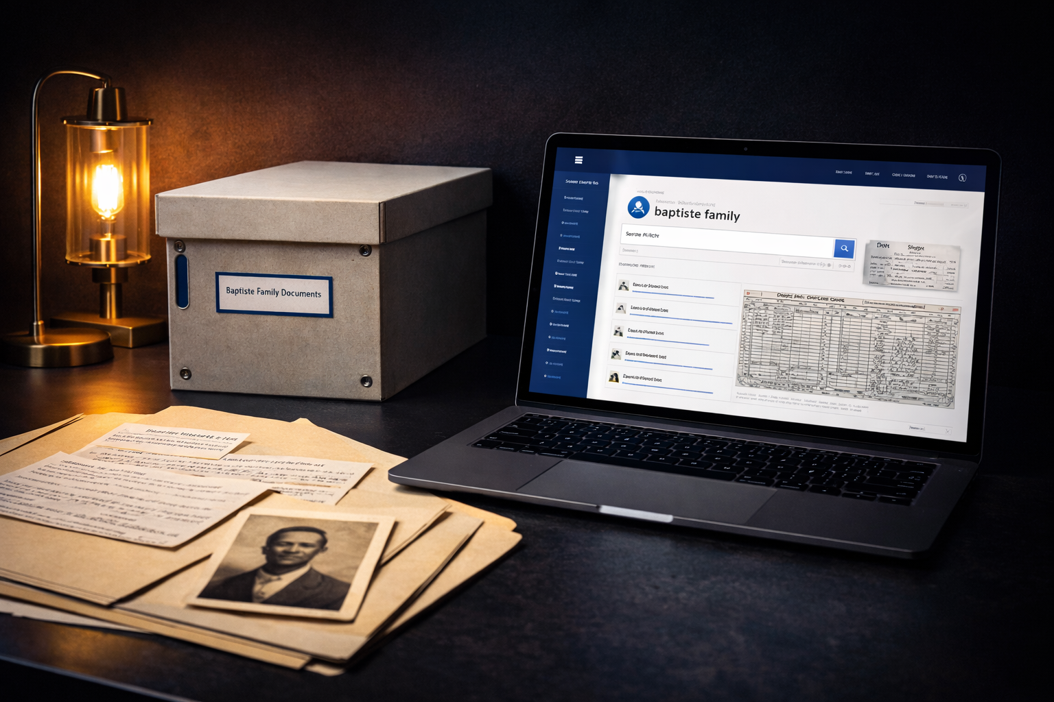 A desk with a gray labeled box for 'Baptiste Family Documents', sheets of papers, black and white photograph, laptop showing a digital family record, and a vintage-style desk lamp.