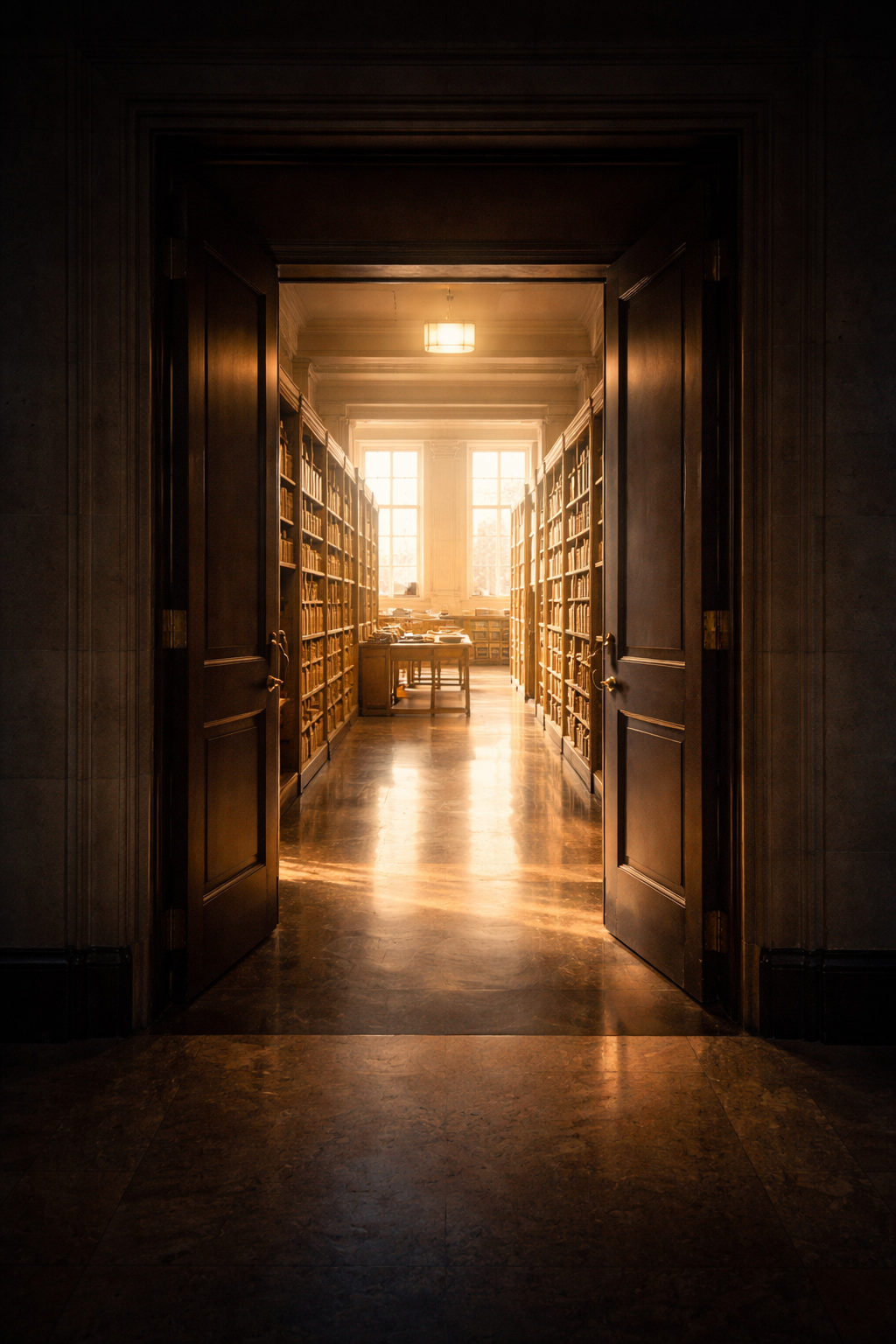 A view through open double doors into a historic library with tall wooden bookshelves and large windows letting in sunlight.