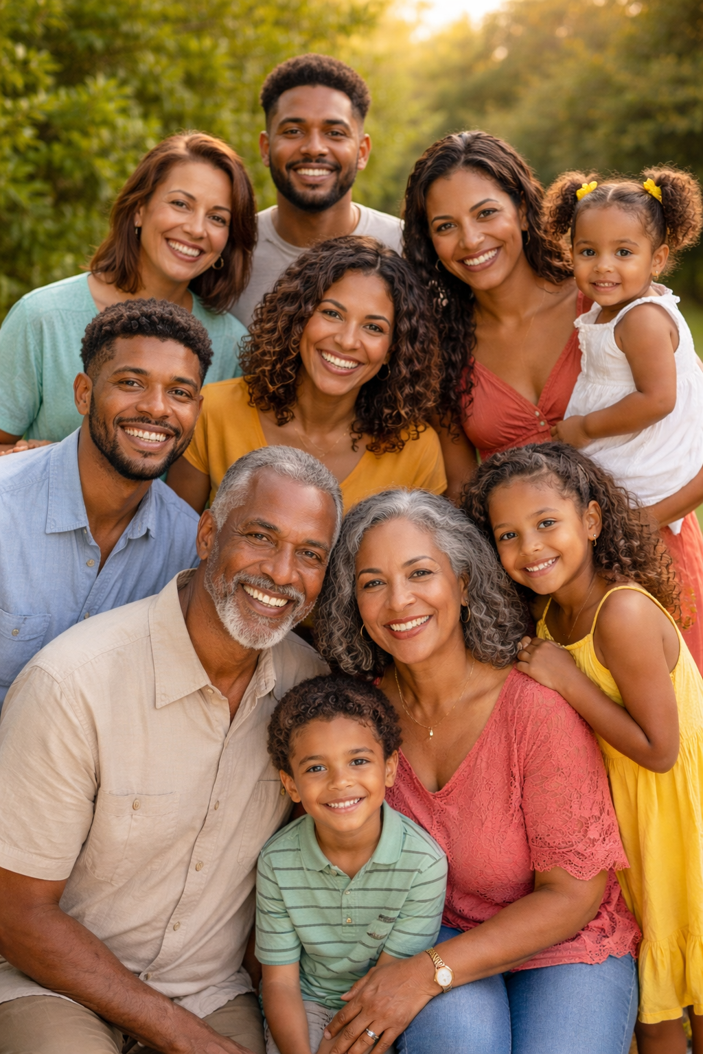 Group of diverse smiling family members outdoors in warm weather.