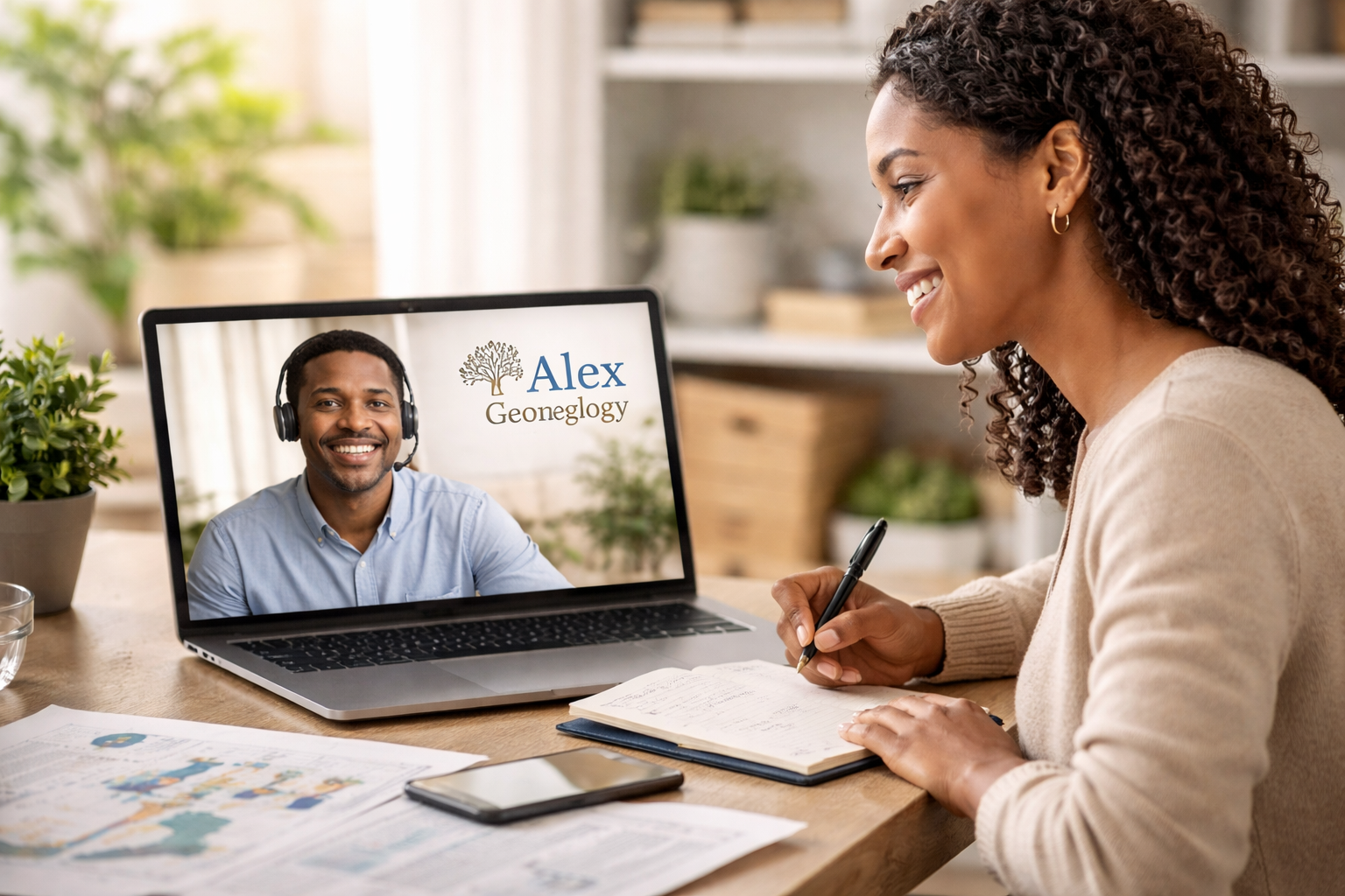 A woman in a beige sweater participating in a video call with a man on a laptop, with the name 'Alex' and 'Geonegology' visible on the screen. She is writing in a notebook, surrounded by documents, a smartphone, and a glass of water on a wooden desk in a bright room.