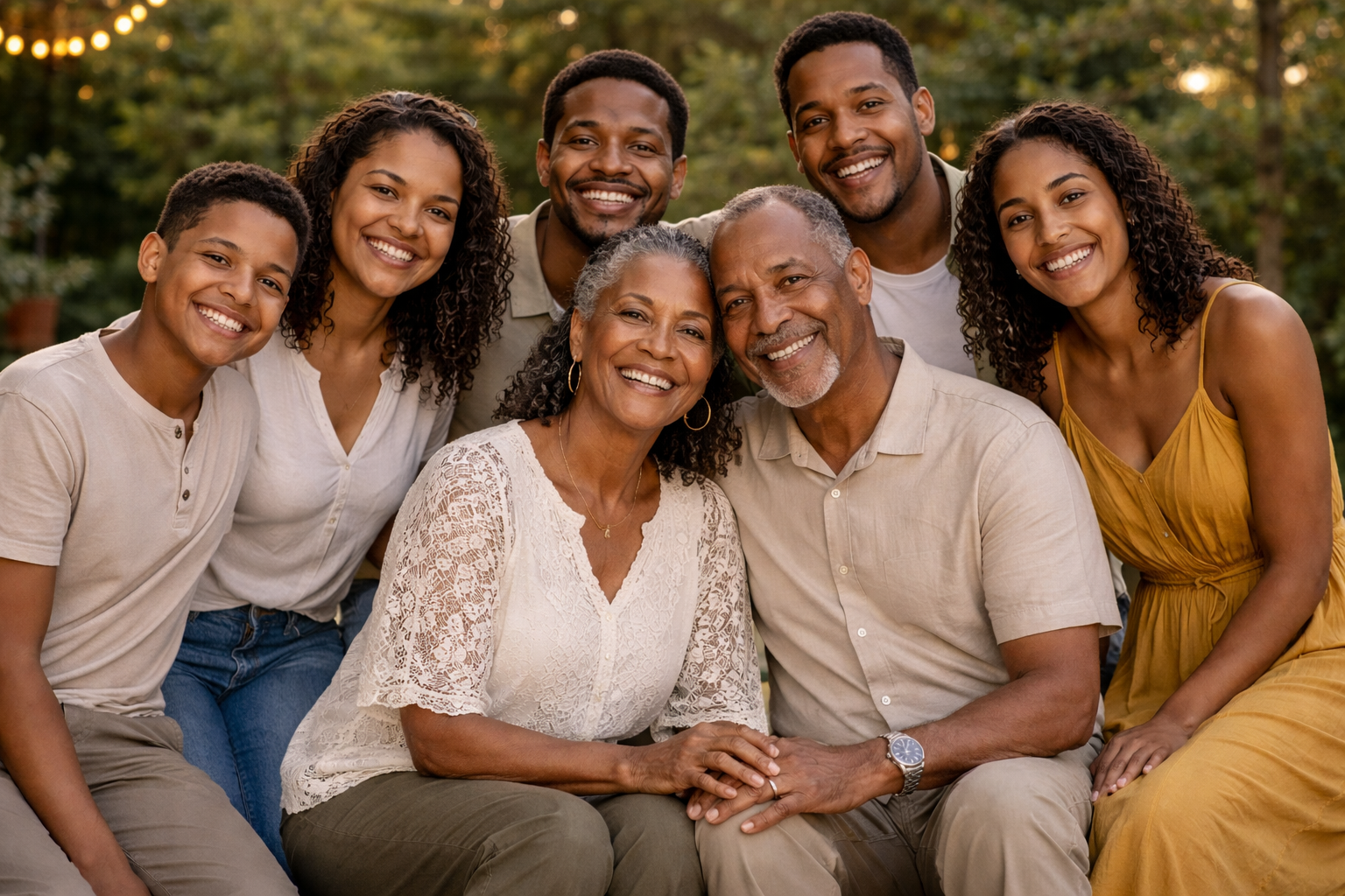 A multi-generational family of eight people smiling together outdoors surrounded by trees.