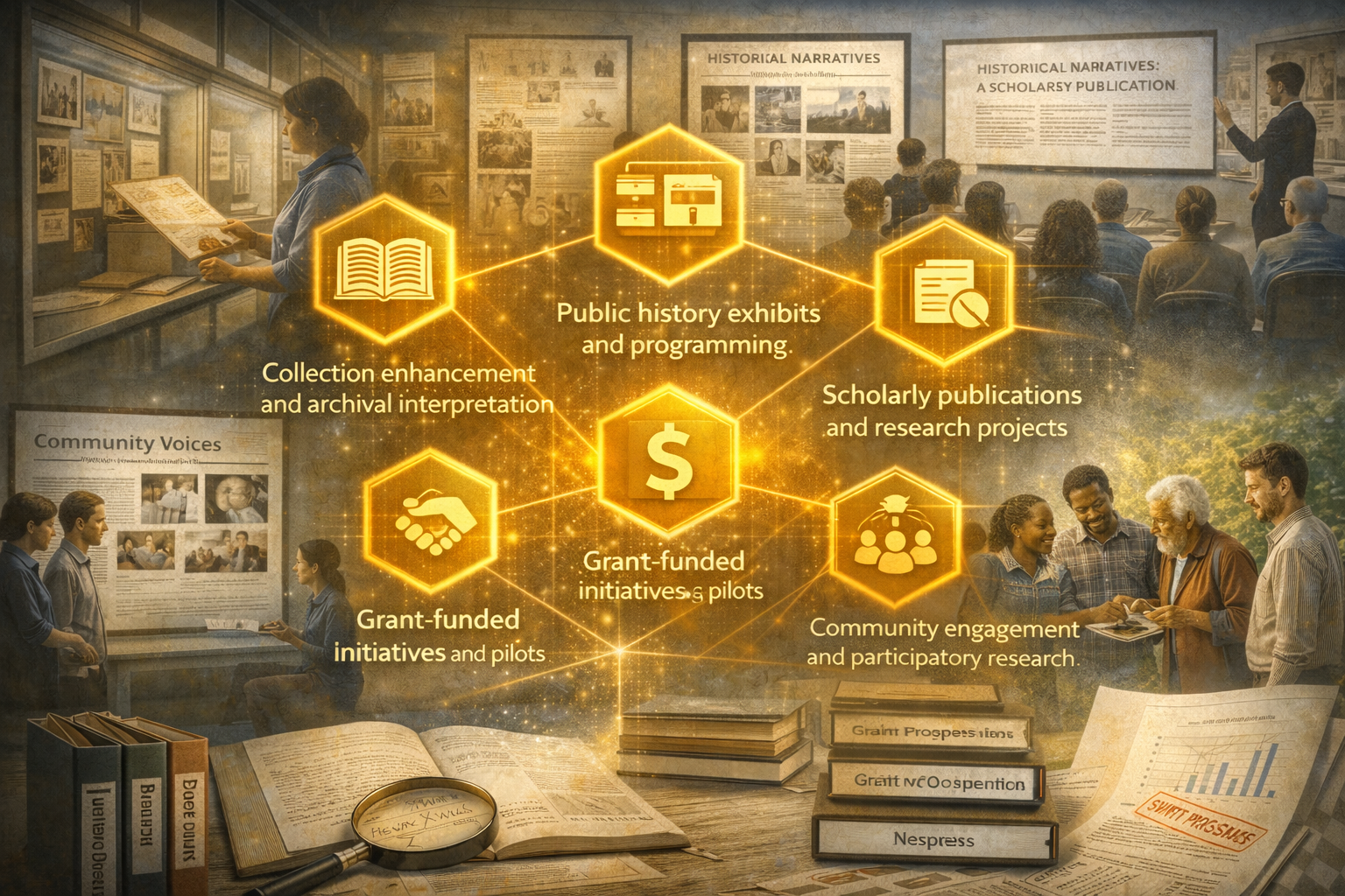 An infographic overlay showing benefits of public history exhibits, including collection enhancement, archiving, scholarly publications, research projects, community engagement, and pilot initiatives, with a background of a museum scene and a historical exhibit presentation.