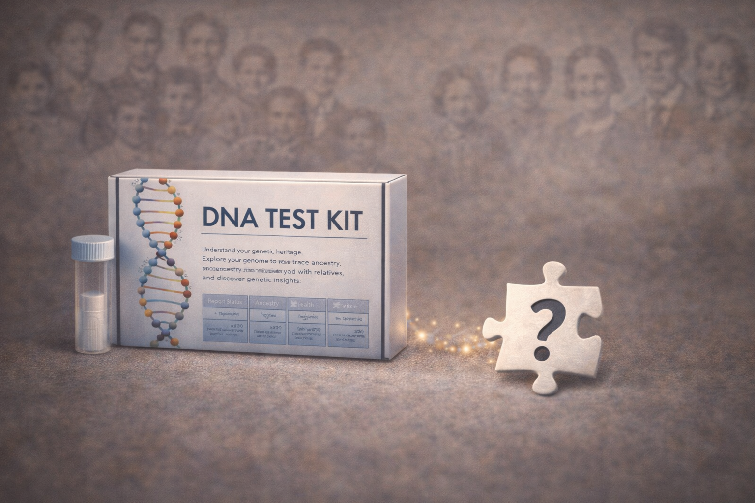 A DNA test kit box, a test tube with a sample, and a puzzle piece with a question mark on it, all on a textured surface.