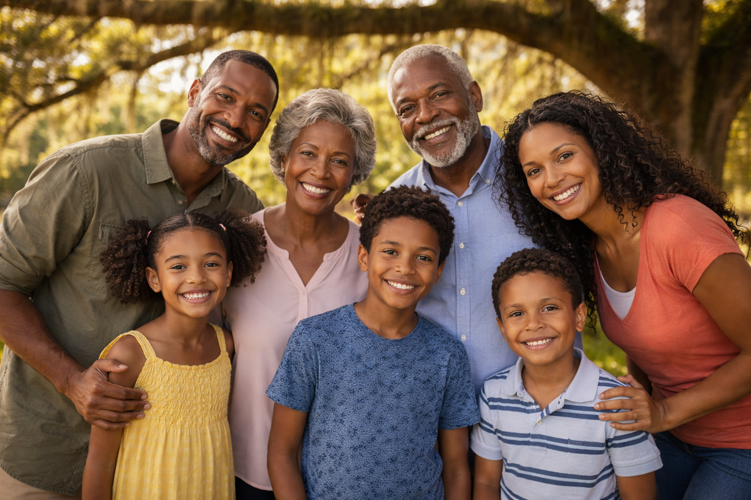 A multi-generational African American family smiling together outdoors in a park on a sunny day.