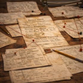 Vintage handwritten and typed documents pinned to a board with pushpins, and a pen on the table.
