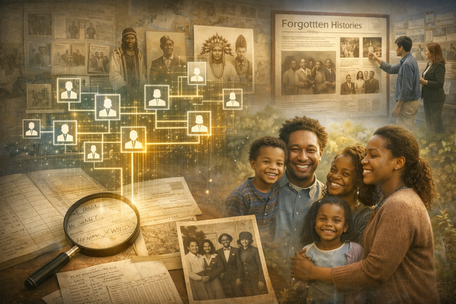 A family of five smiling in the foreground with a historic museum exhibit in the background, including photographs, documents, and a digital family tree, highlighting Creole and Cajun history and genealogy.