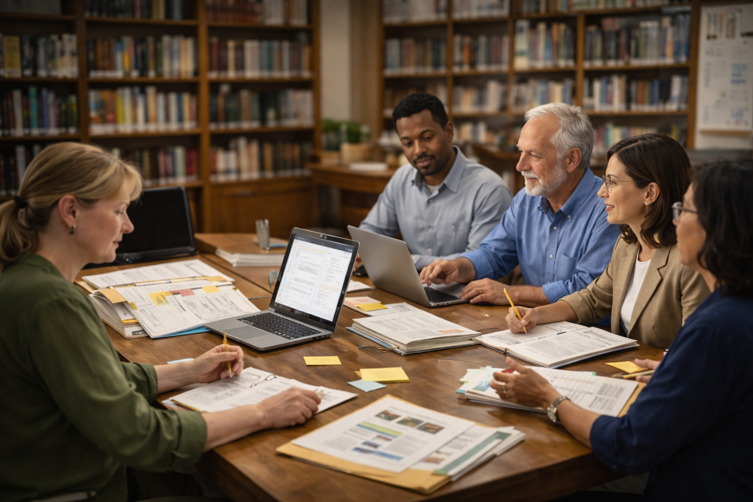 Five people sitting around a wooden table in a library, engaged in a meeting with documents, laptops, and sticky notes.