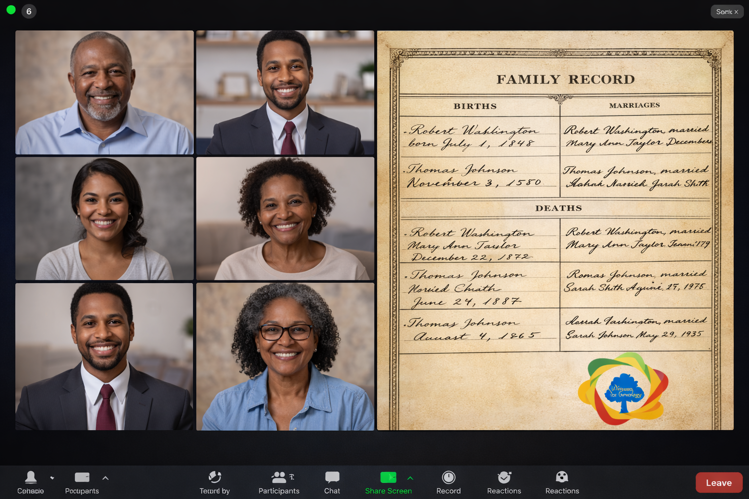 Virtual meeting with six participants displayed in a grid, and a family record document on the right side.