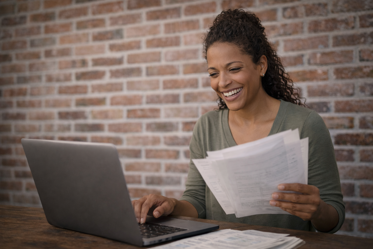 A woman sitting at a desk with a laptop, holding papers, and smiling.