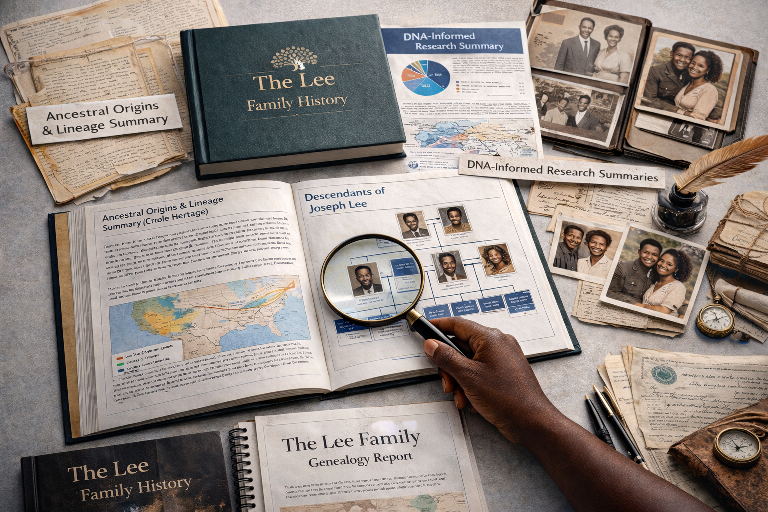 A detailed flat lay of genealogical research materials including family history books, photos, DNA research summaries, a magnifying glass, and handwritten documents on a table, focusing on the Lee family history.