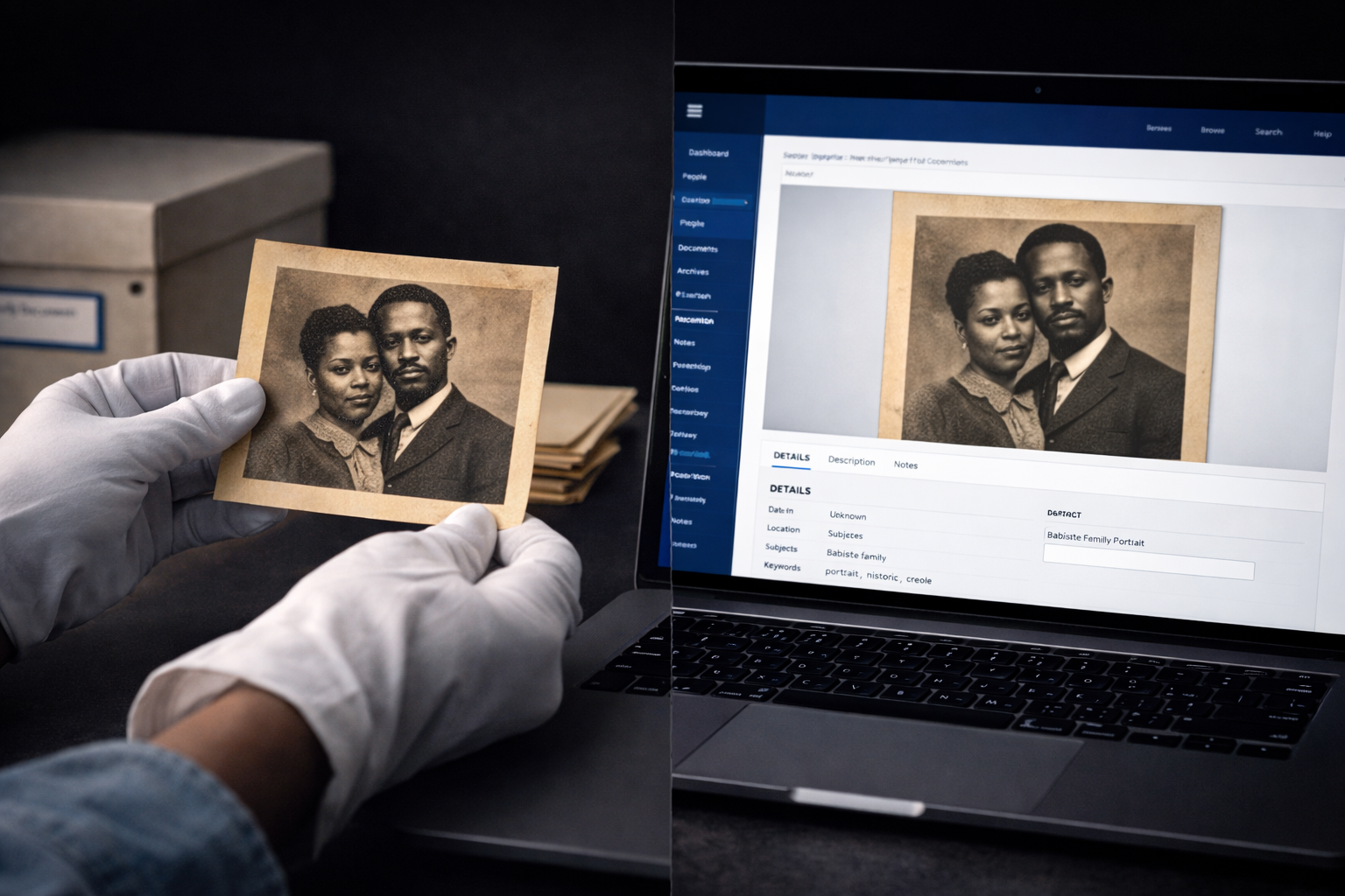 Person holding a black-and-white, vintage portrait of a man and woman, comparing it to a digital record on a laptop screen that displays the same photo and details about the image.