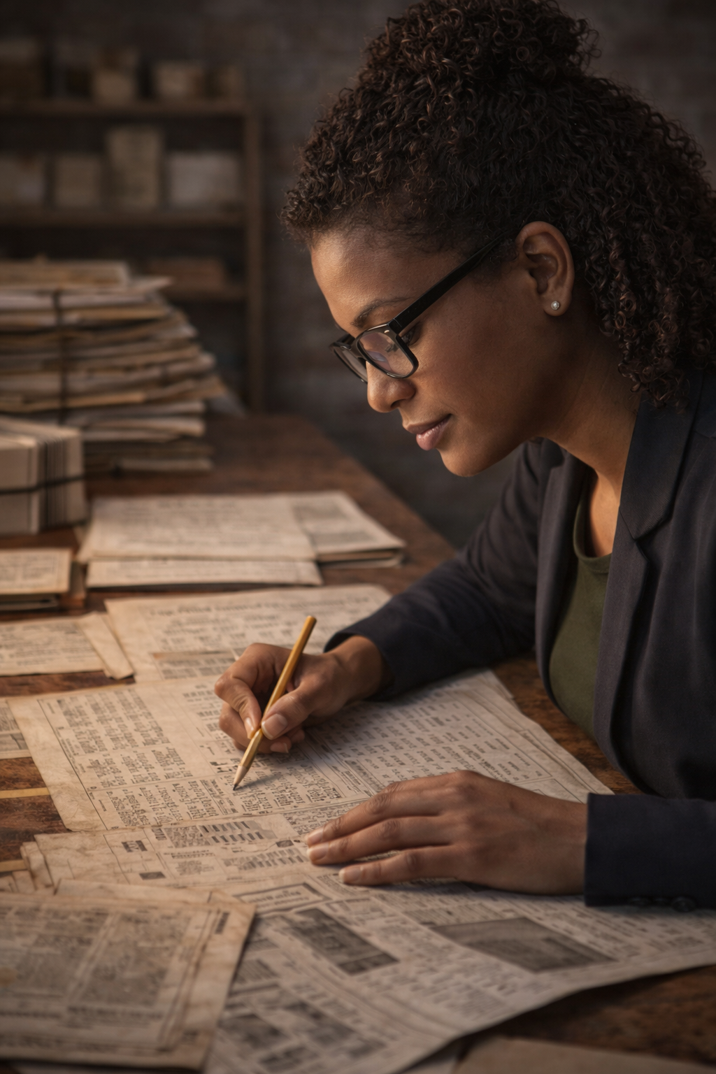 A woman with curly hair and glasses is carefully examining and annotating old newspapers spread out on a wooden table.