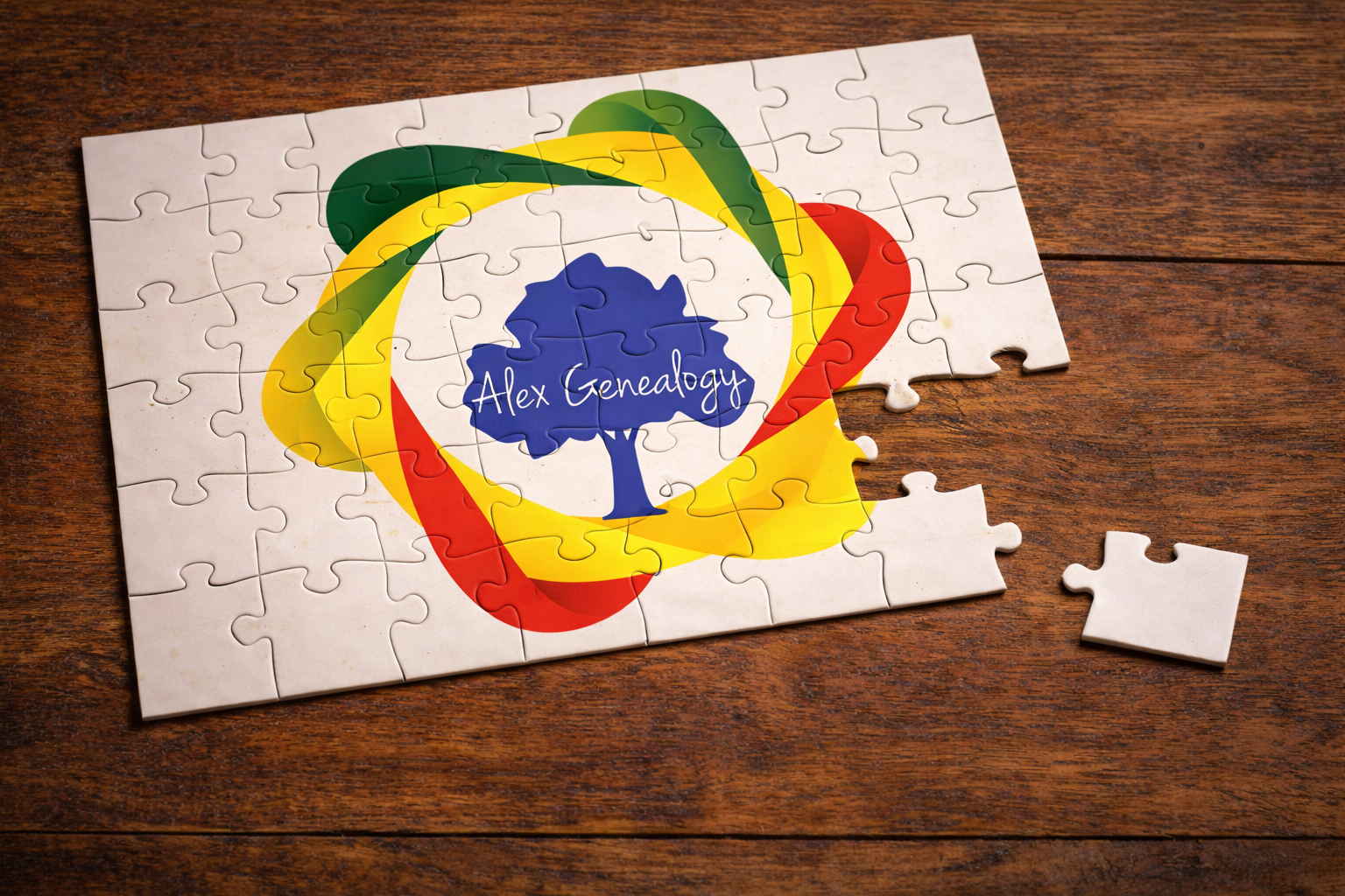 A puzzle with a colorful design featuring a blue tree and the text 'Alex Genealogy' on a white background, placed on a wooden surface. One piece is missing.