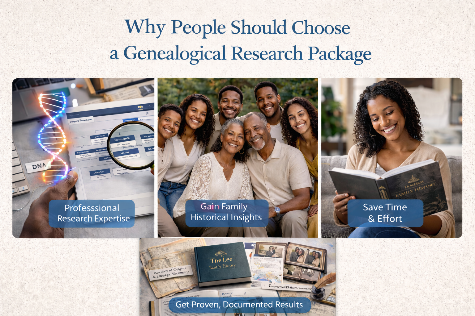 A promotional image for a genealogical research package showing a DNA analysis, a happy multi-generational family, a woman reading a family history book, and documents and photos from family records with the text overlay highlighting professional expertise, historical insights, time savings, and documented results.