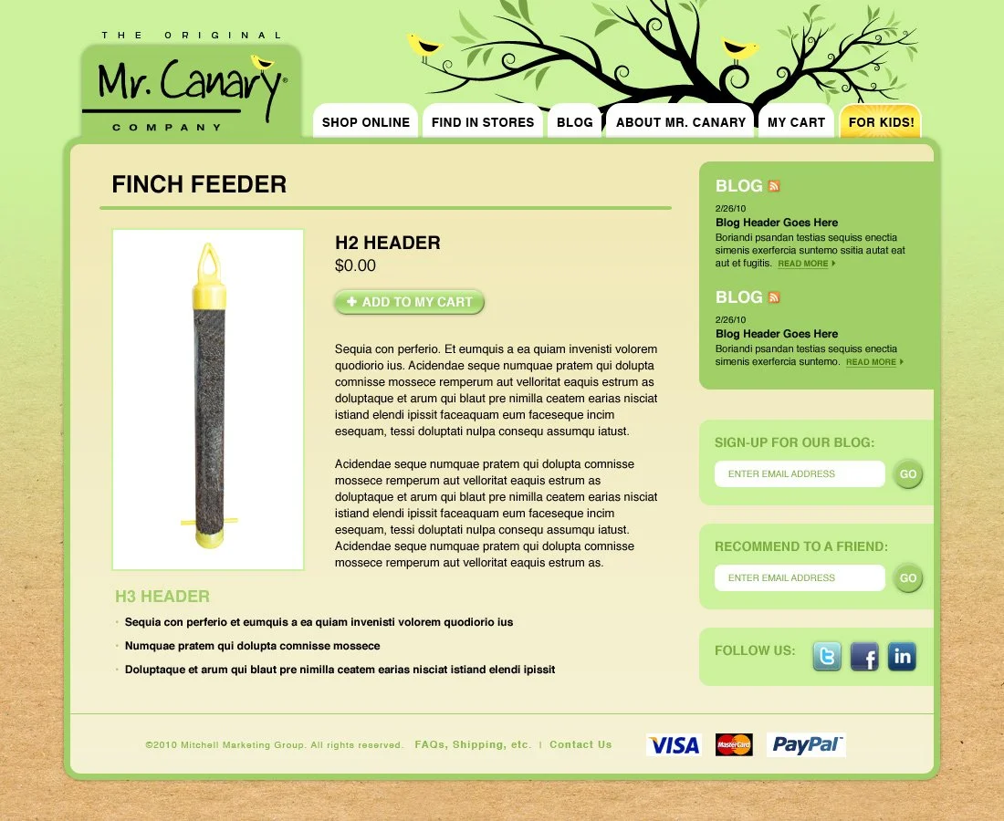 Mr. Canary - Website - Subpage