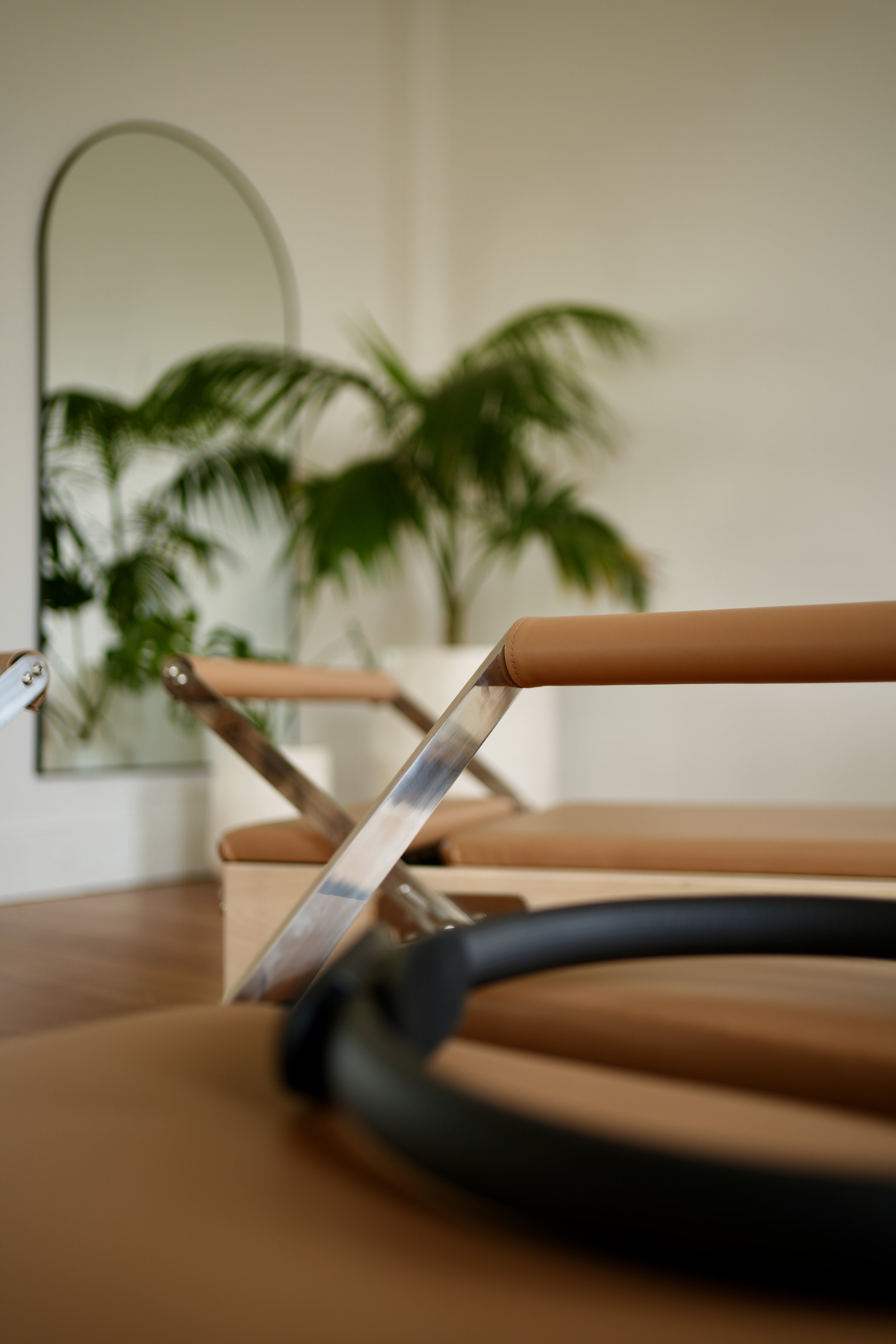 Empty waiting area with tan cushioned benches, a mirror, and a potted plant in the background.