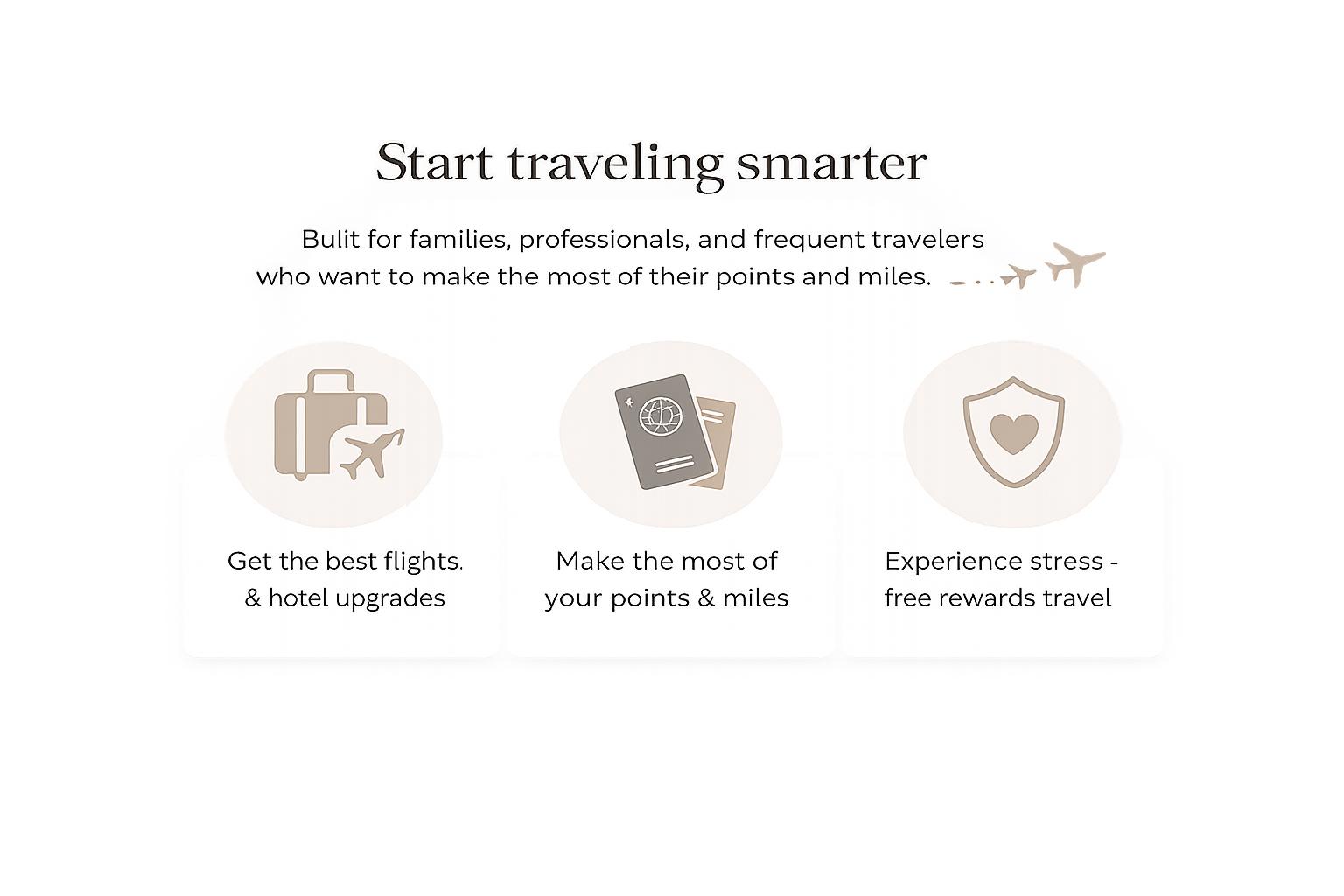 Travel rewards advertisement with icons for flights, hotel upgrades, and stress-free travel, and text about making the most of points and miles.