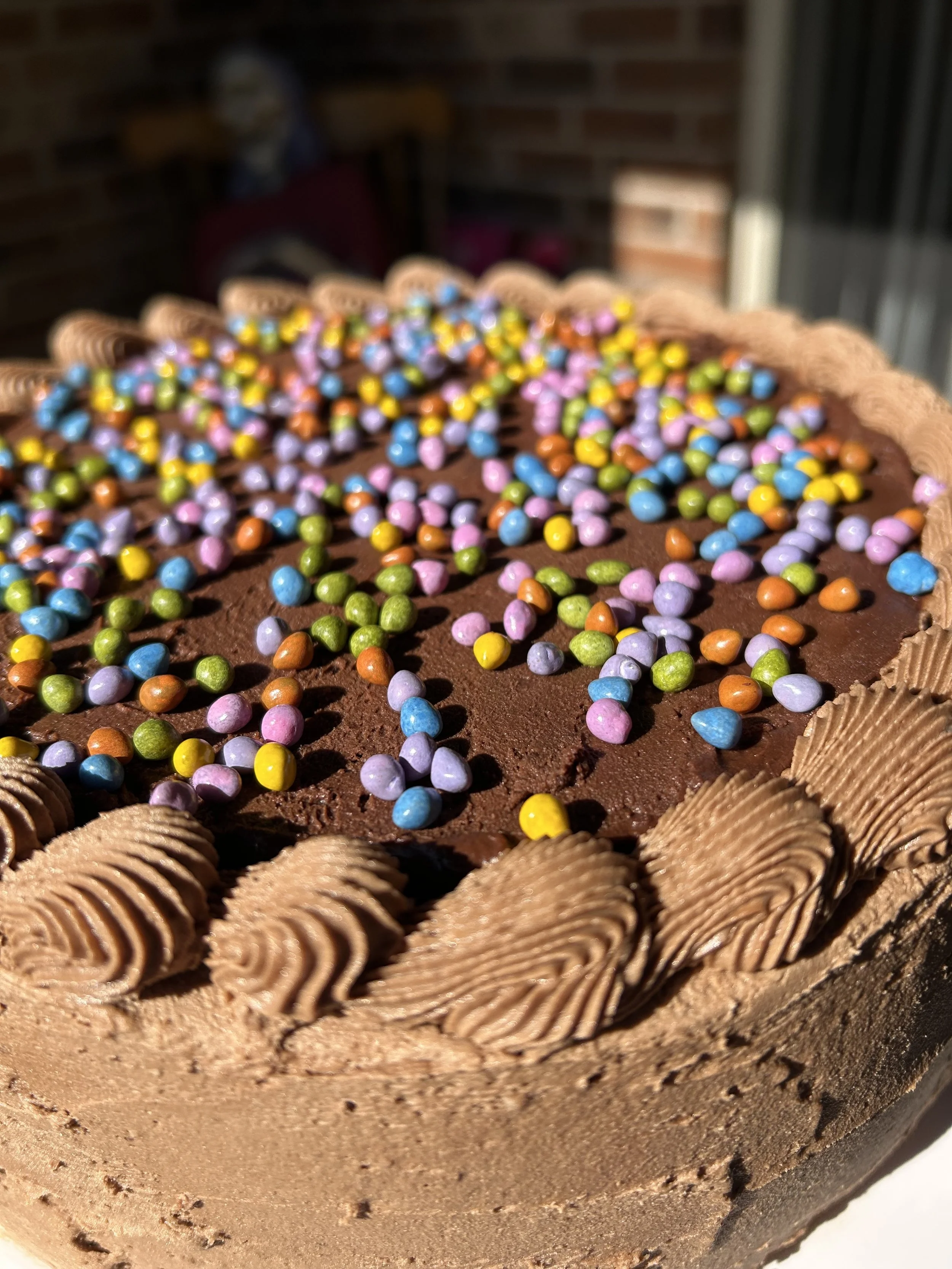 galaxy brownie cake. two layers of chocolate cake and buttercream with a chocolate ganache and sprinkle covered brownie in the middle and more ganache and sprinkles on top. rich and decadent.