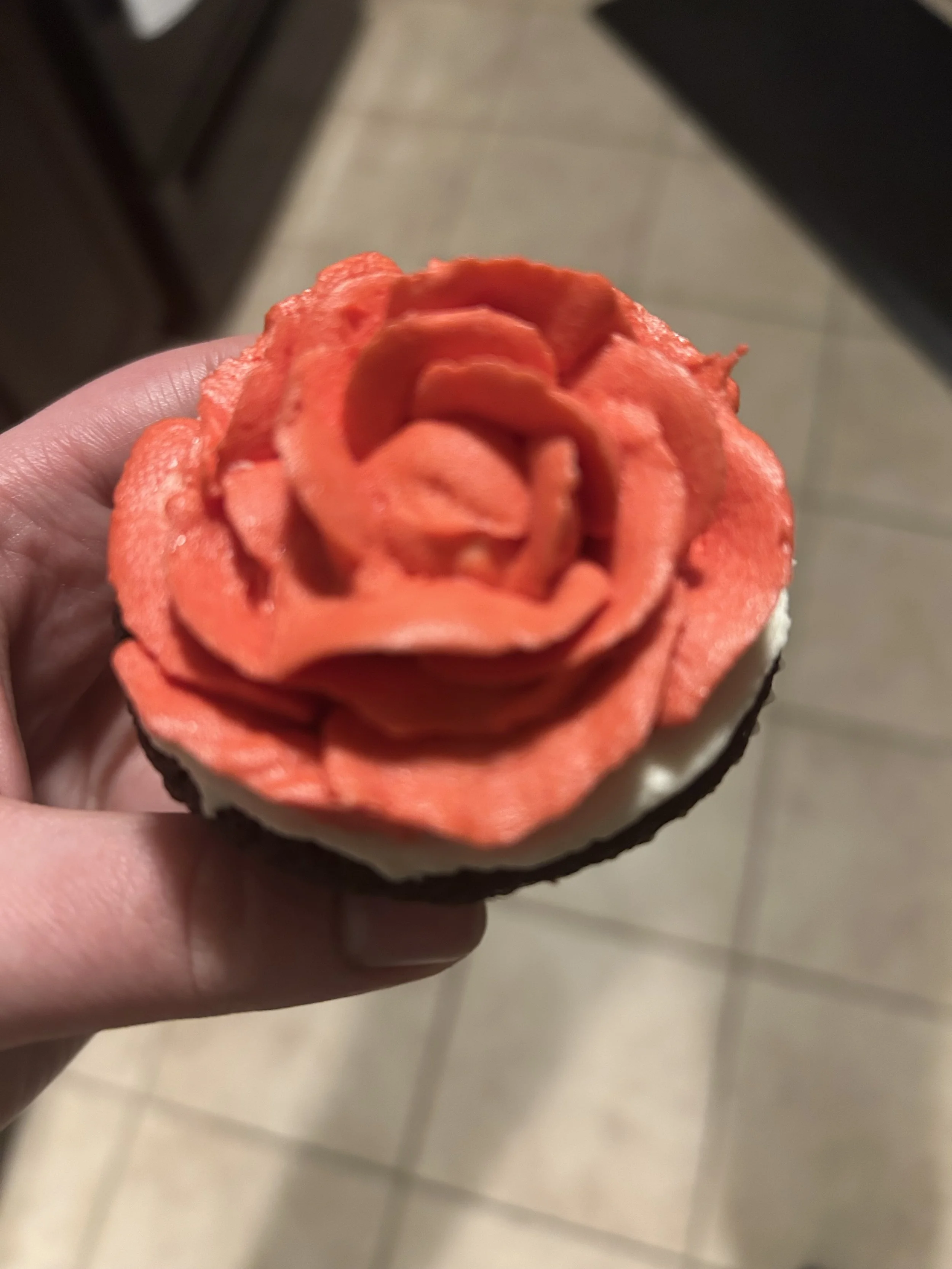 chocolate cupcake with a buttercream rose piped on top