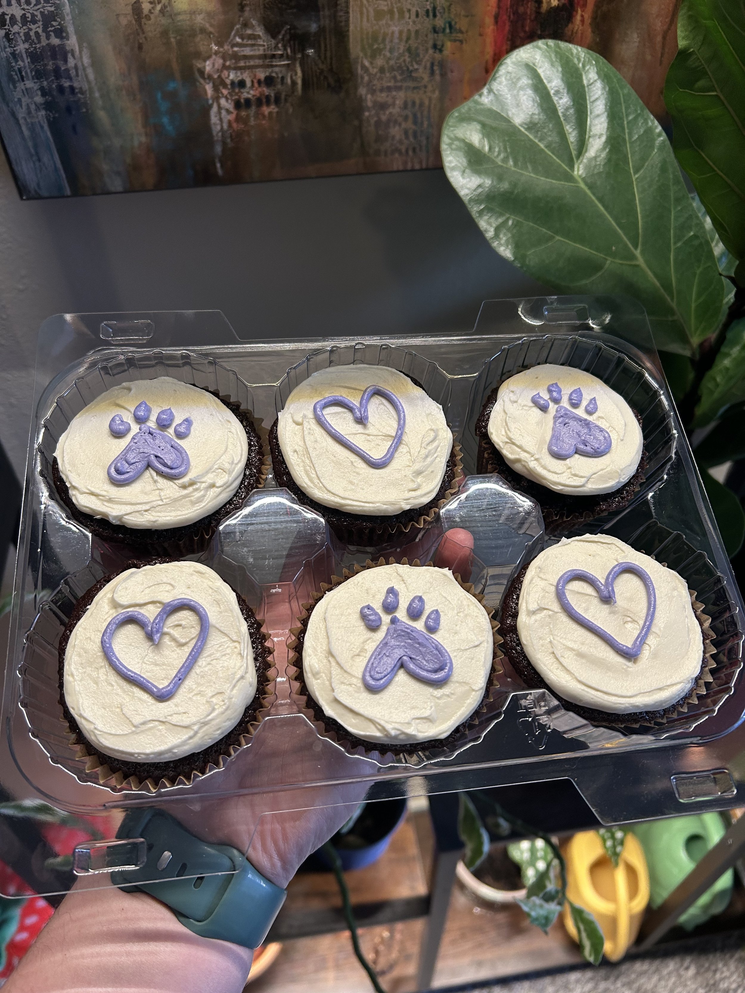 custom cupcakes with purple hearts and paws.