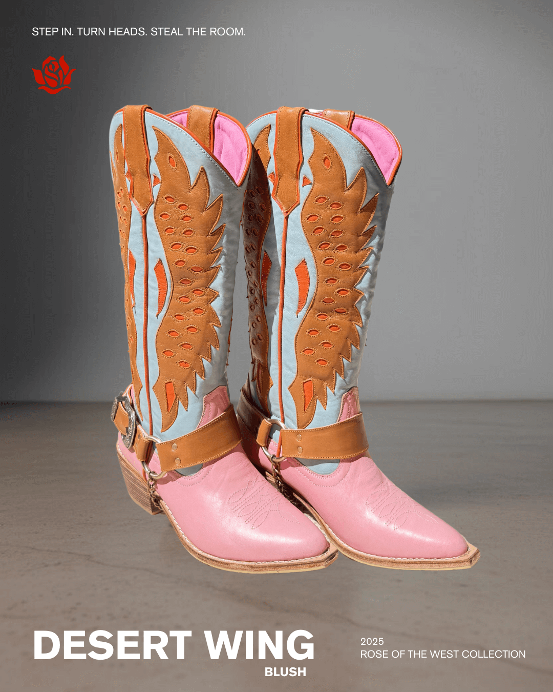 Pair of pink cowboy boots with orange and light blue decorative designs and brown accents, displayed on a neutral surface.