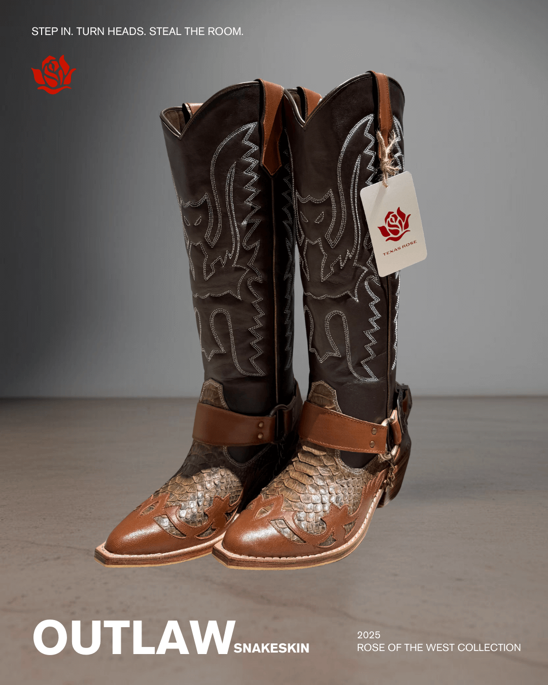 Pair of cowboy boots with snake skin pattern and leather accents displayed on a surface, featuring tags from Texas Rose, with branding and collection details in the image.