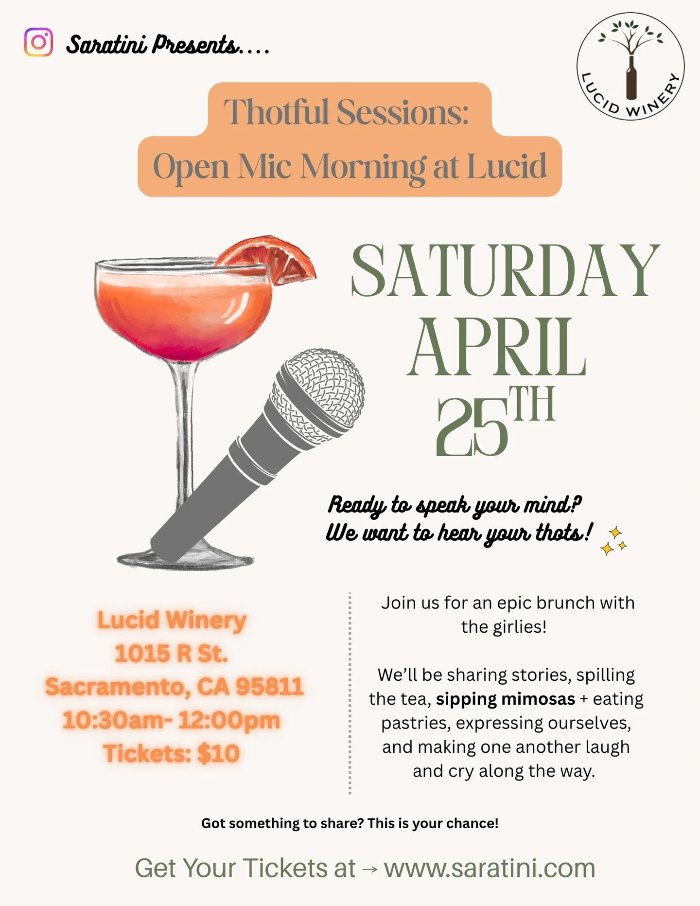 April 25th is about to be lit! 👀✨

PEEP THIS AMAZING EVENTS LINE UP: 

Stop 1️⃣ 
Thotful Sessions Open Mic 🍹🎤 Morning
🕥 10:30am - 12:00pm at @lucidwinery 

Stop 2️⃣
Women Make The City 🌆🍻
🕓 4:00pm - 9:00pm at @opbrewco 

WOO! Who&rsquo;s ready