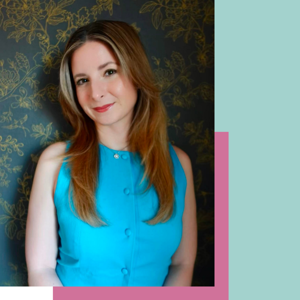 A woman with long, wavy, light brown hair, wearing a sleeveless bright blue dress, smiling and standing against a dark background with gold floral patterns.