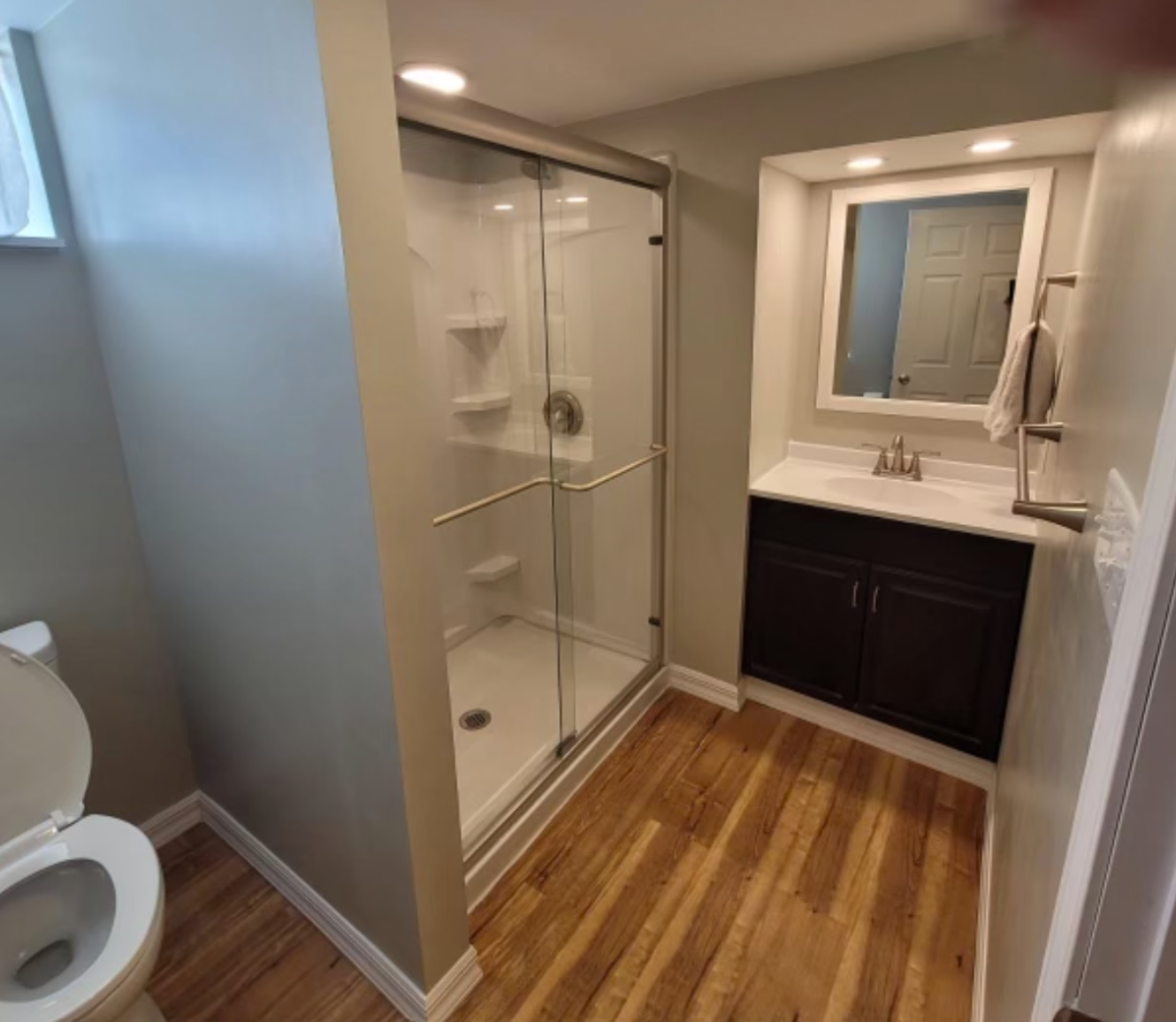 Bathroom with a toilet, a glass shower stall, a vanity with a mirror, dark cabinet, and wood flooring.
