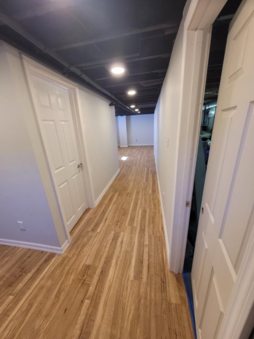 Empty hallway with light wood flooring, white walls, and dark ceiling with embedded lighting, in a residential interior.