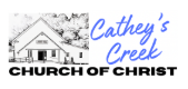 Logo for Cathey's Creek Church of Christ featuring a black and white illustration of a church building with a steeple and trees.