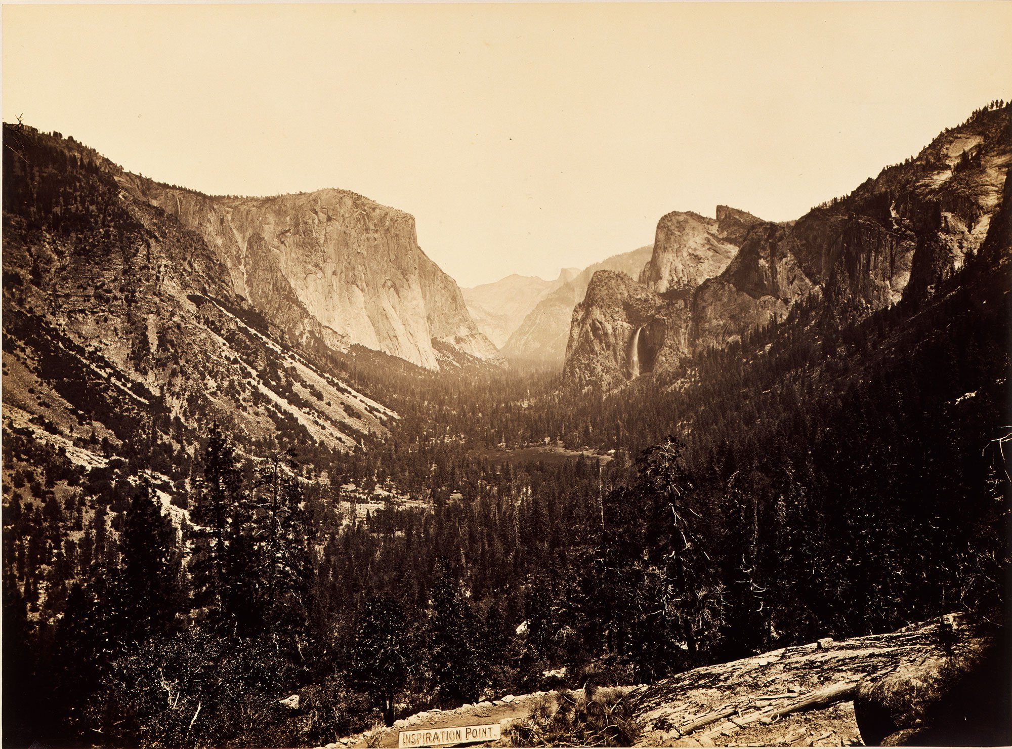 Yosemite — c. 1865. Carleton Watkins's large-format photographs brought the scale of Yosemite to viewers across the country. Photography offered something new: distant American landscapes could now be recorded with extraordinary detail and circulated