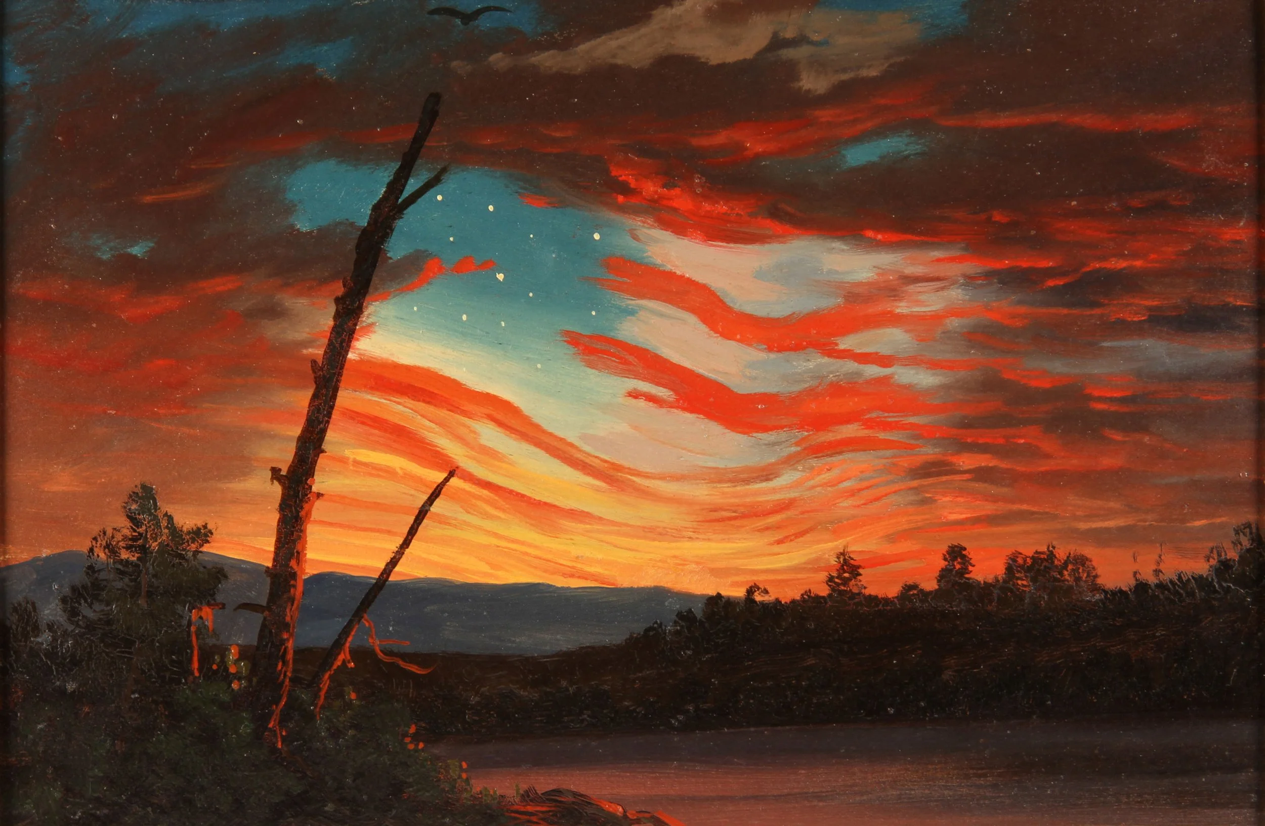 Our Banner in the Sky — 1861.
Frederic Edwin Church transformed an American landscape into a vision of the national flag, its stars and stripes emerging from a dramatic sunset. Painted during the opening year of the Civil War, the work shows how land