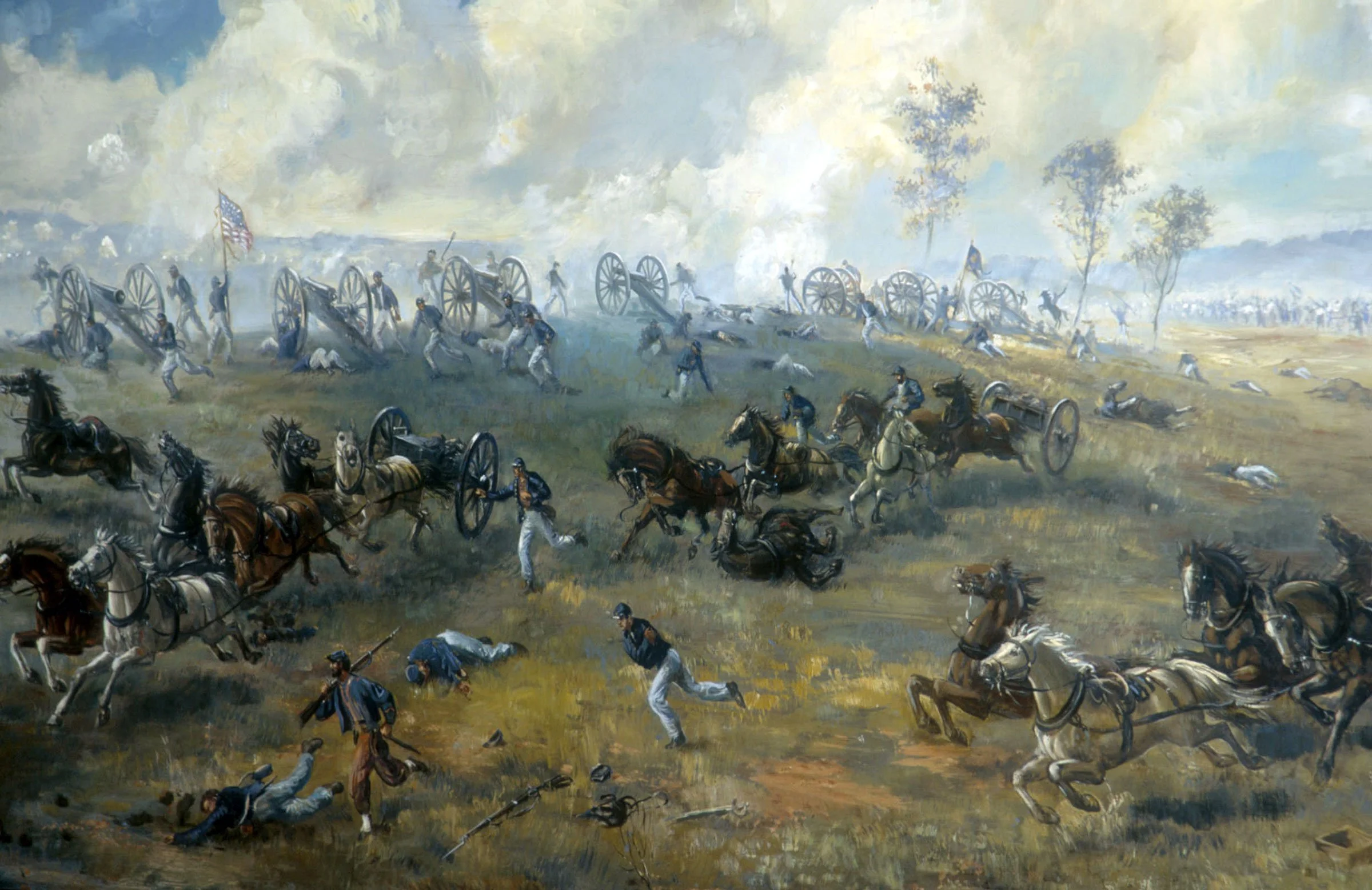War. In 1861, conflict began. Questions of Union, secession, and slavery would no longer be decided through compromise, but through war. The Capture of Ricketts’ Battery depicts action during the First Battle of Bull Run.
