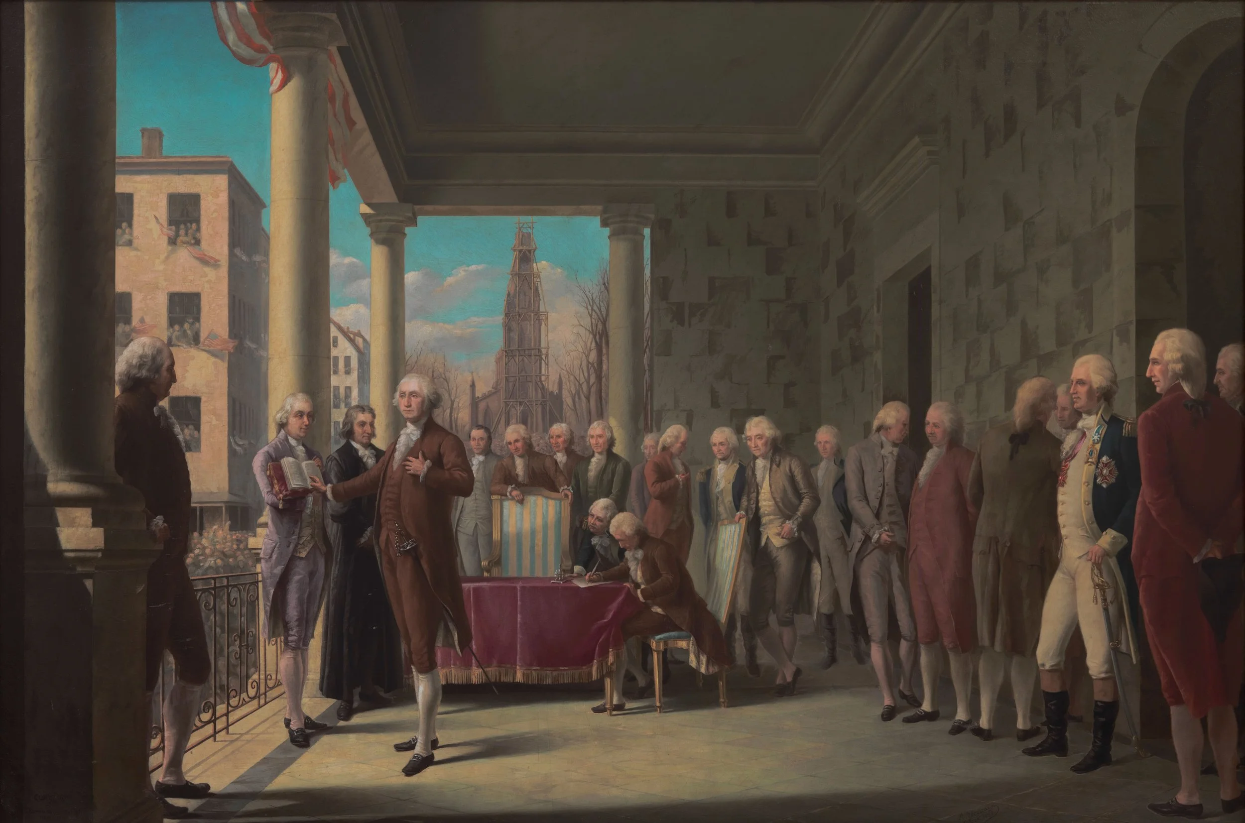 Inauguration of George Washington", 1898 painting by Ramon Elorriaga.  Hall, New York City. April 30, 1789. George Washington Inaugurated as first President.