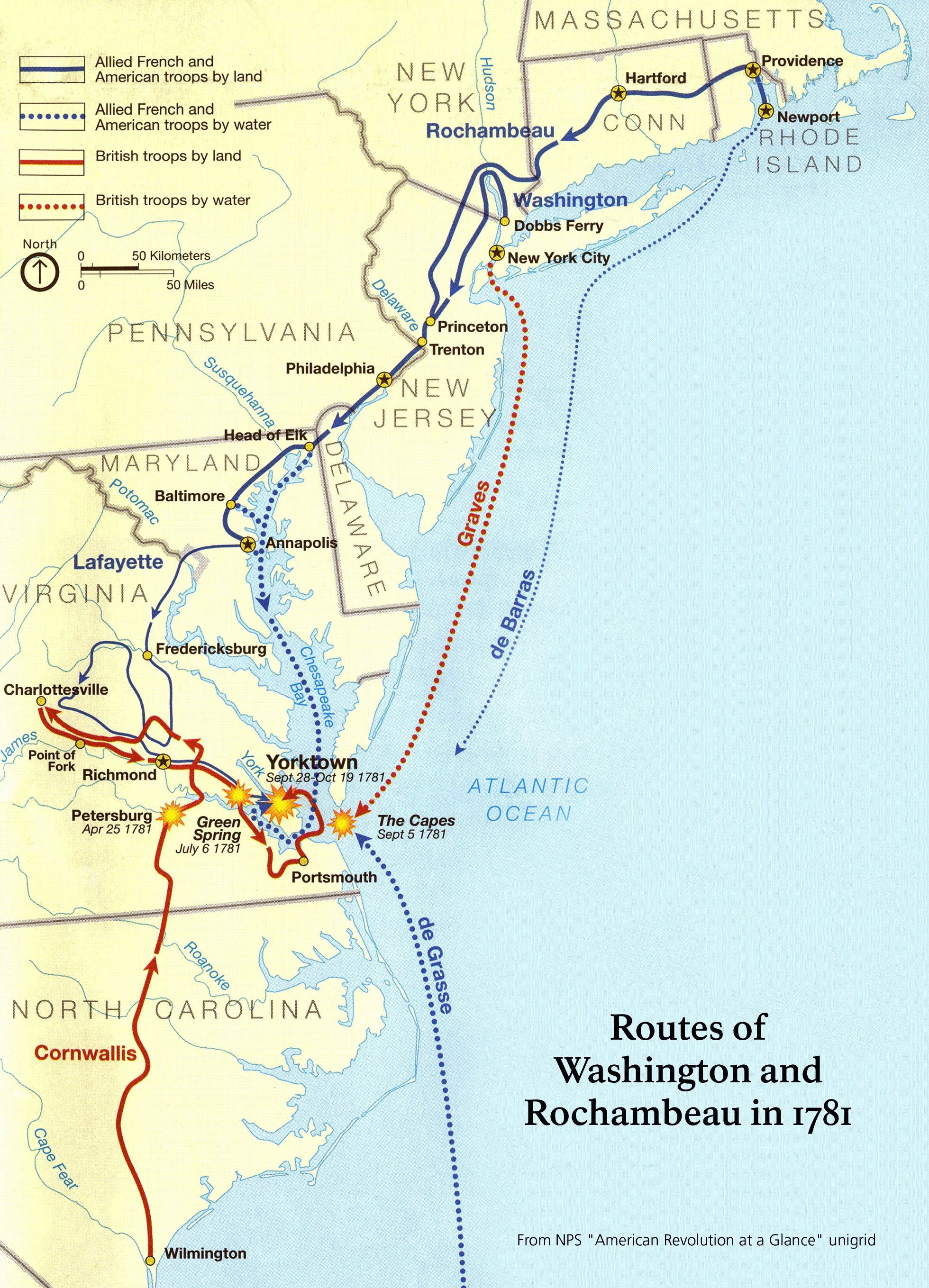 Siege of Yorktown (1781). Washington and Rochambeau trapped Cornwallis while Admiral de Grasse sealed the Chesapeake, making British escape impossible.