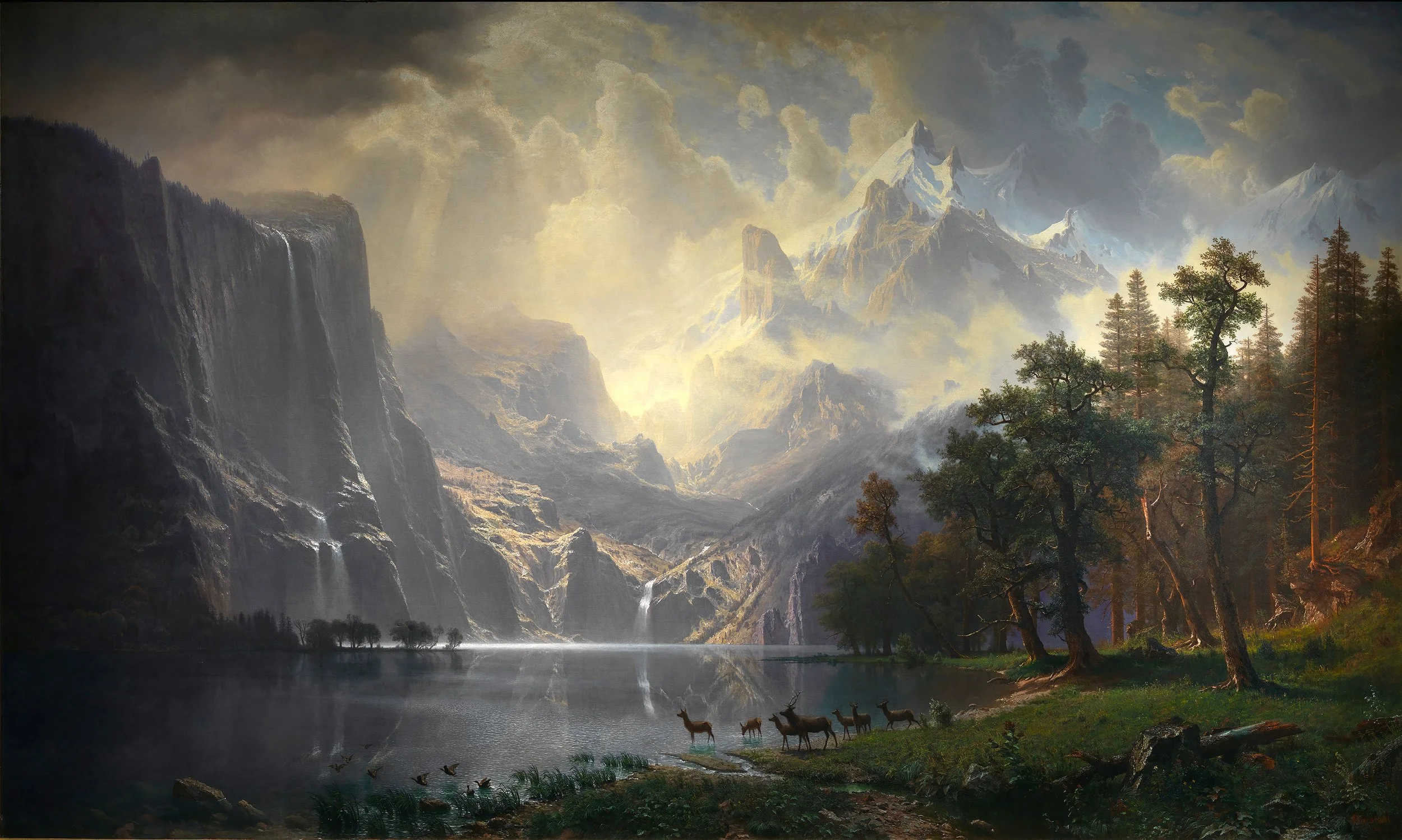 The West Imagined — 1868.
Albert Bierstadt’s Among the Sierra Nevada, California presented the American West on an immense and luminous scale. Painted from sketches made during his western travels, the work brought distant mountains and valleys befor