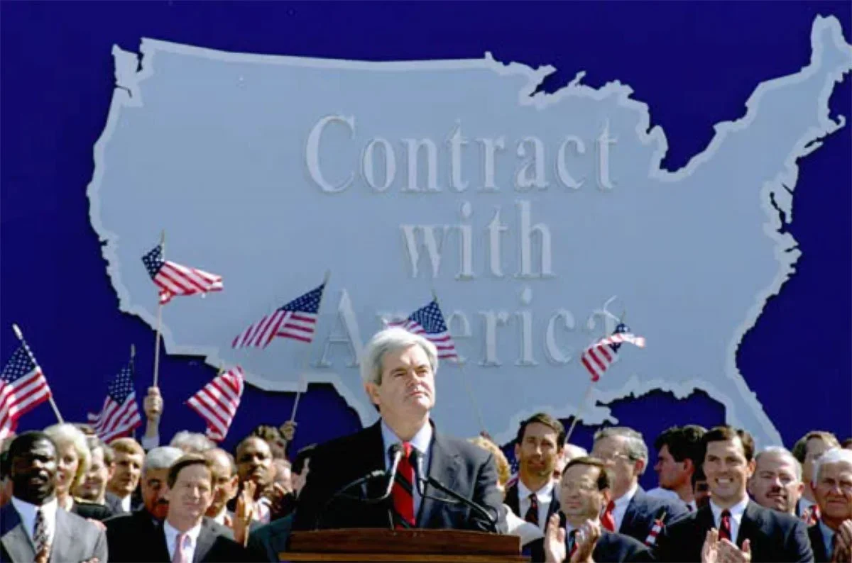The Contract with America.
Led by Speaker Newt Gingrich, House Republicans advanced a legislative agenda that emphasized fiscal restraint, government reform, and congressional accountability, helping shape the national political conversation during t