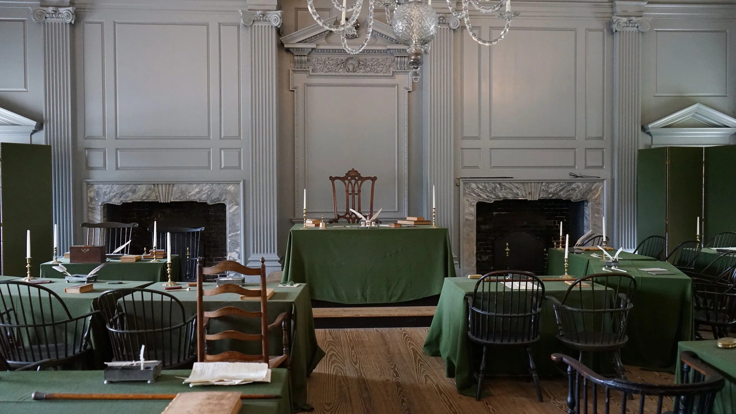 Assembly Room inside Independence Hall in Philadelphia, where delegates debated and adopted the Declaration of Independence and later drafted the United States Constitution.