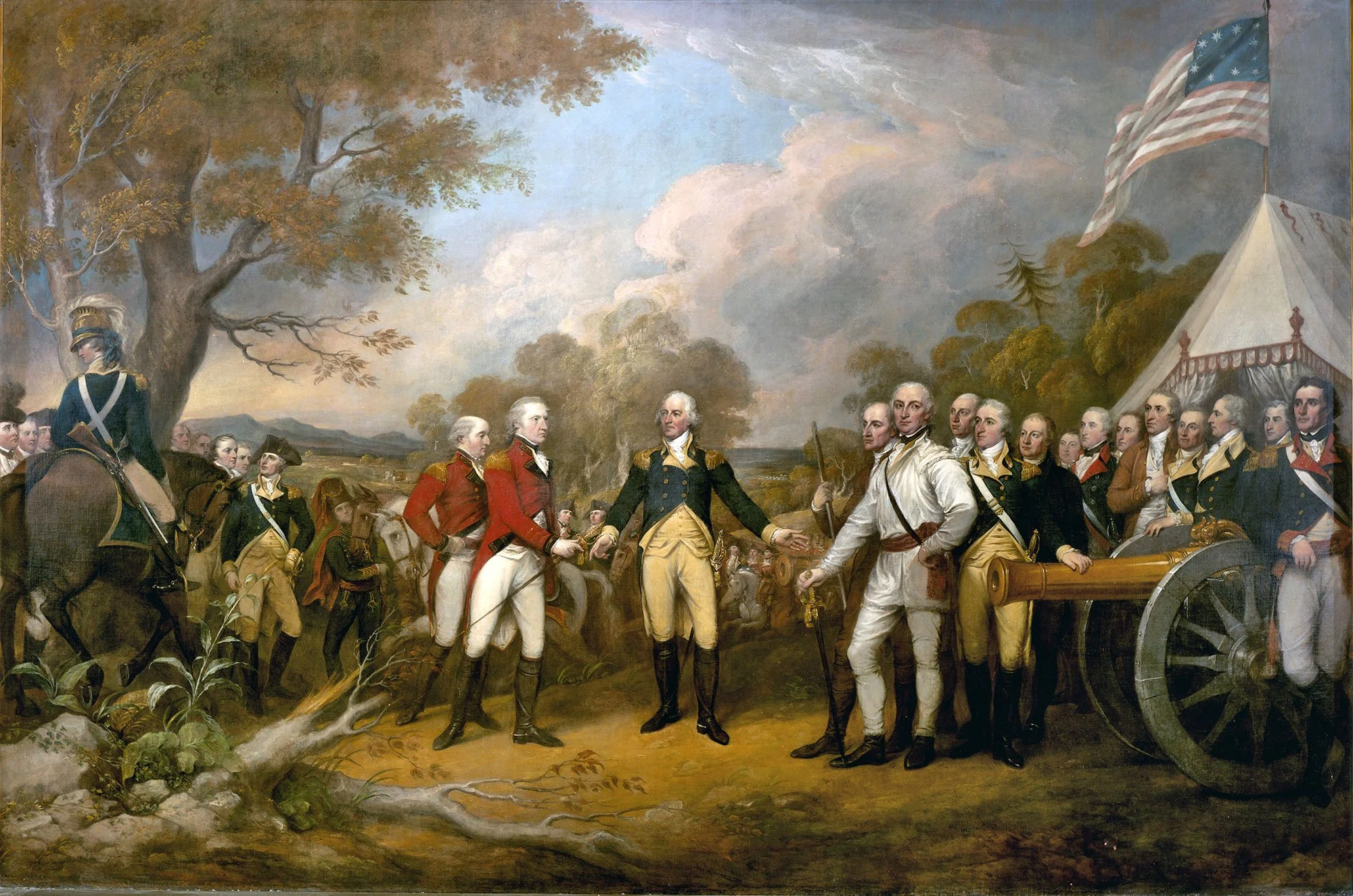 The Surrender of General Burgoyne — John Trumbull. Saratoga (1777). Burgoyne's surrender convinced France to join the American cause, transforming a colonial rebellion into an international war.