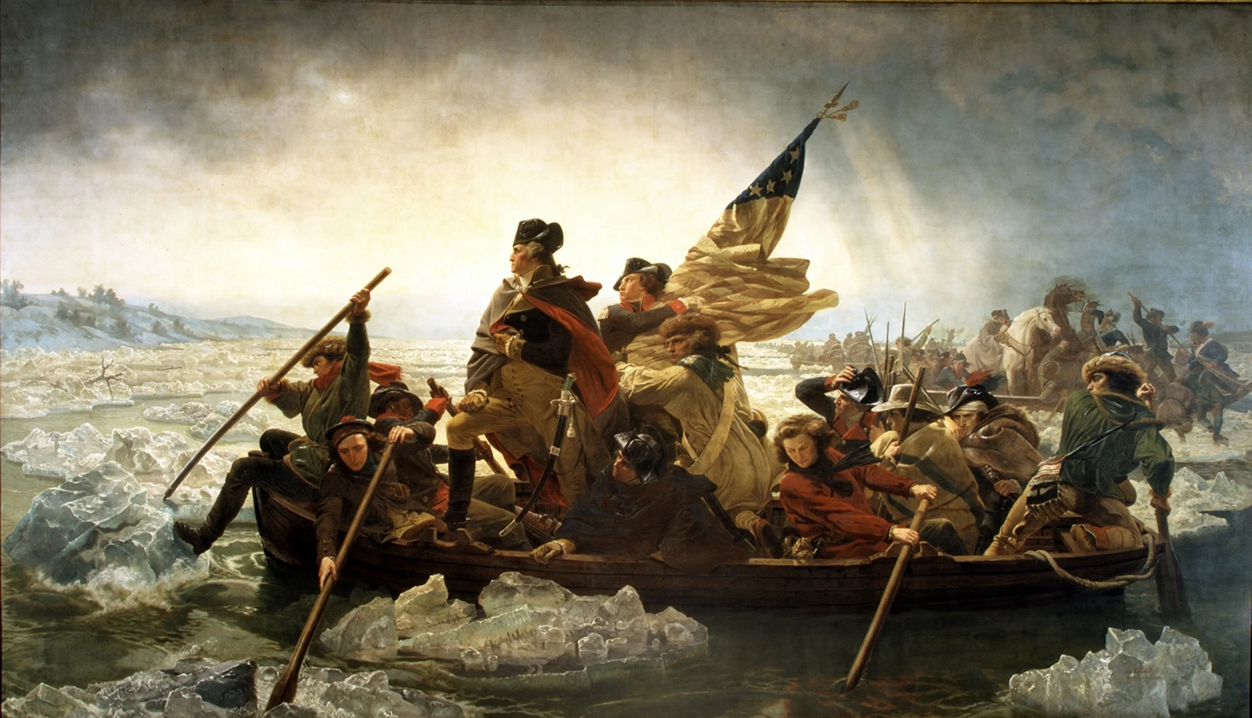 Painting of  George Washington crossing the Delaware River. Washington Crossing the Delaware (1851) Emanuel Leutze’s dramatic depiction helped define the visual mythology of the Revolution.