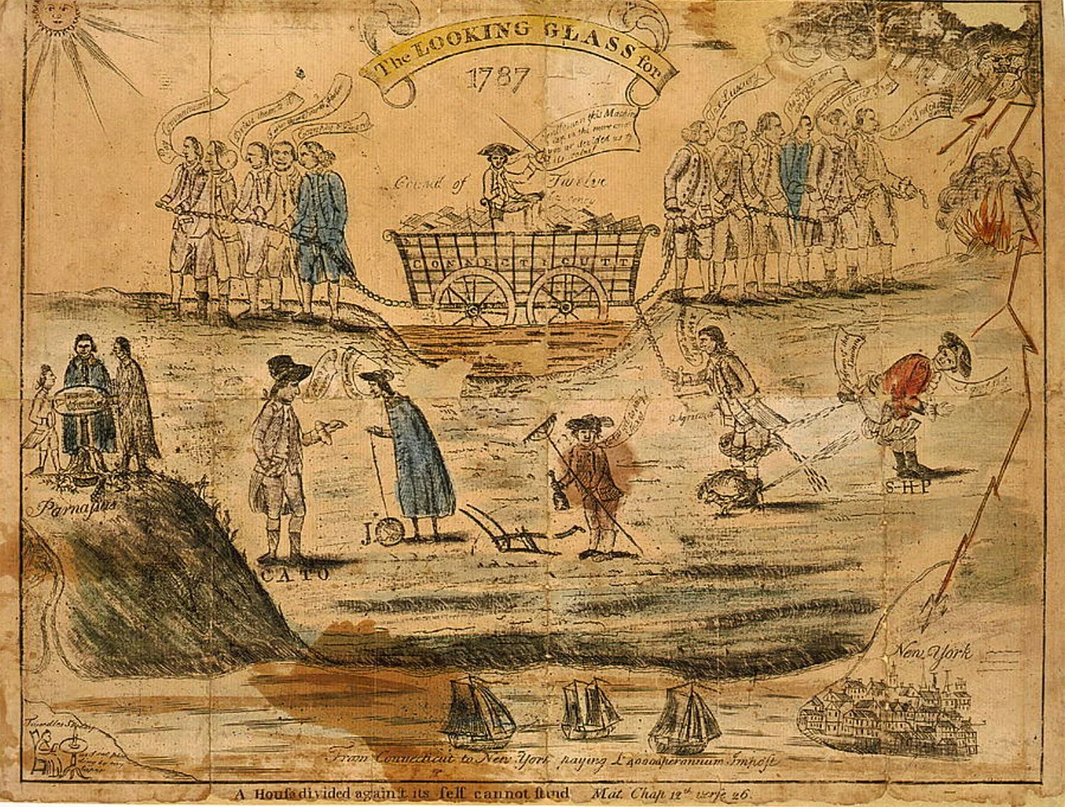 Resistance.  A house divided against itself cannot stand. Amos Dolittle, 1754-1832, engraver. Political cartoon lampooning Anti-Federalists. Opposition to the Constitution was vocal and visual. Cartoons and broadsides warned that centralized authorit