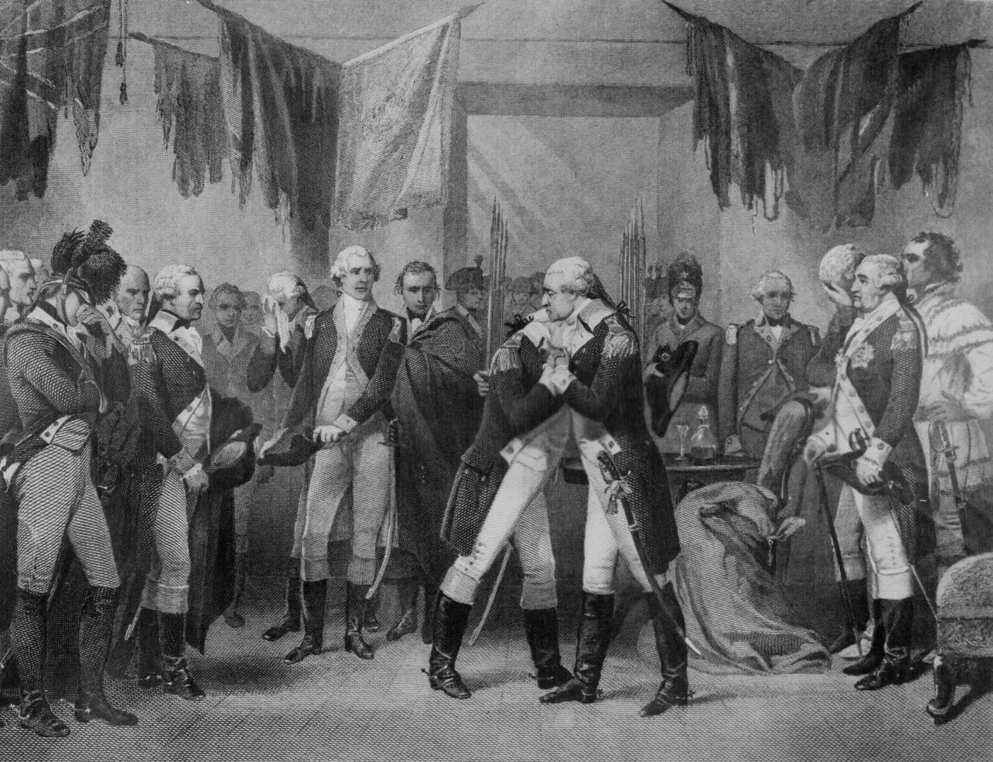 Fraunces Tavern (1783).
Washington's farewell to his officers was brief but deeply emotional. After years of shared hardship, he embraced his companions before quietly departing for Annapolis.