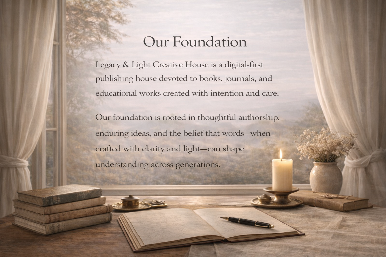 Sunlit writing desk with open book, journal, candle, and pen beside a window overlooking a quiet landscape, representing the foundation of a digital publishing studio.